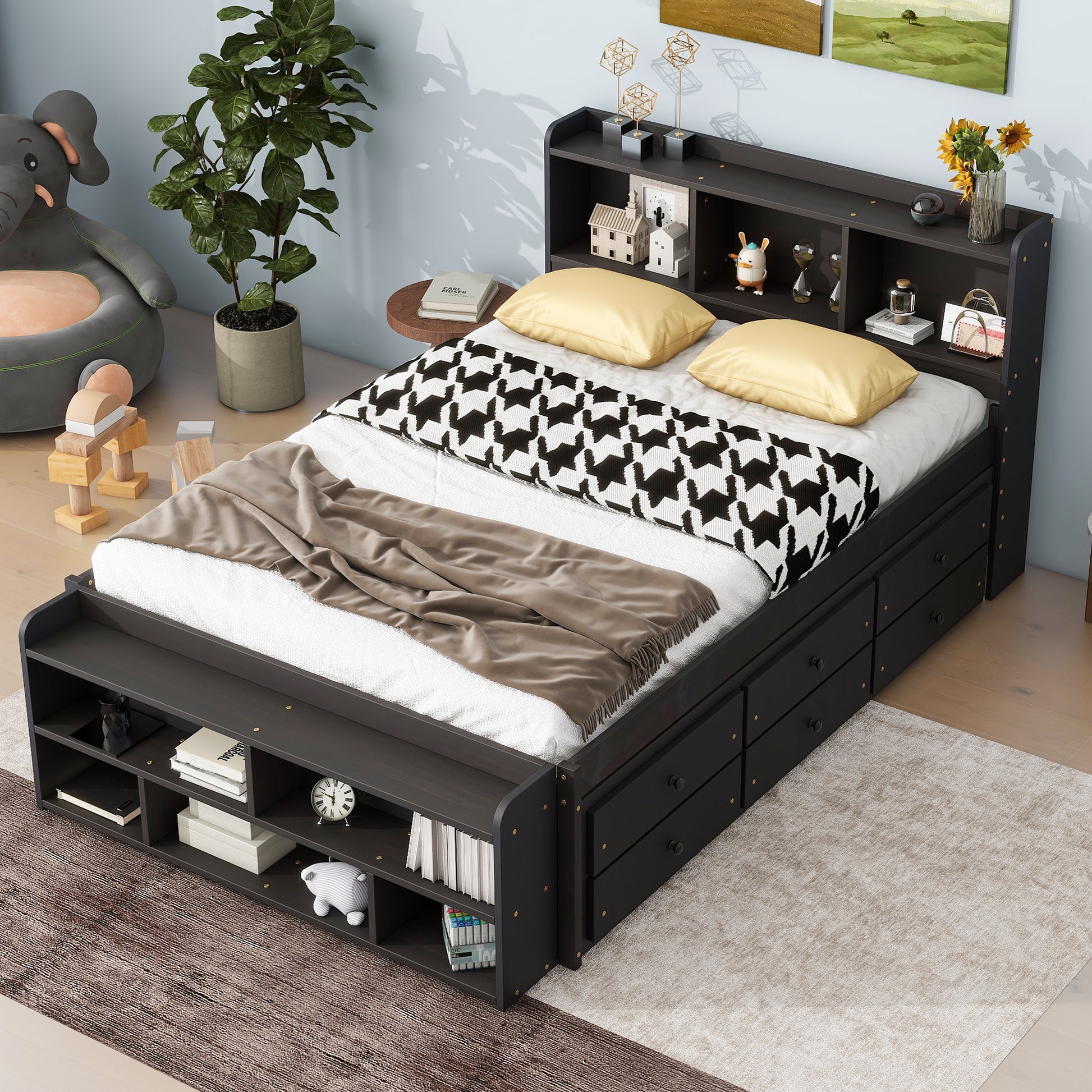 Full Bed With Bookcase Headboard, Under Bed Storage Drawers And Bed End Storage Case,Espresso Full Espresso American Design Pine