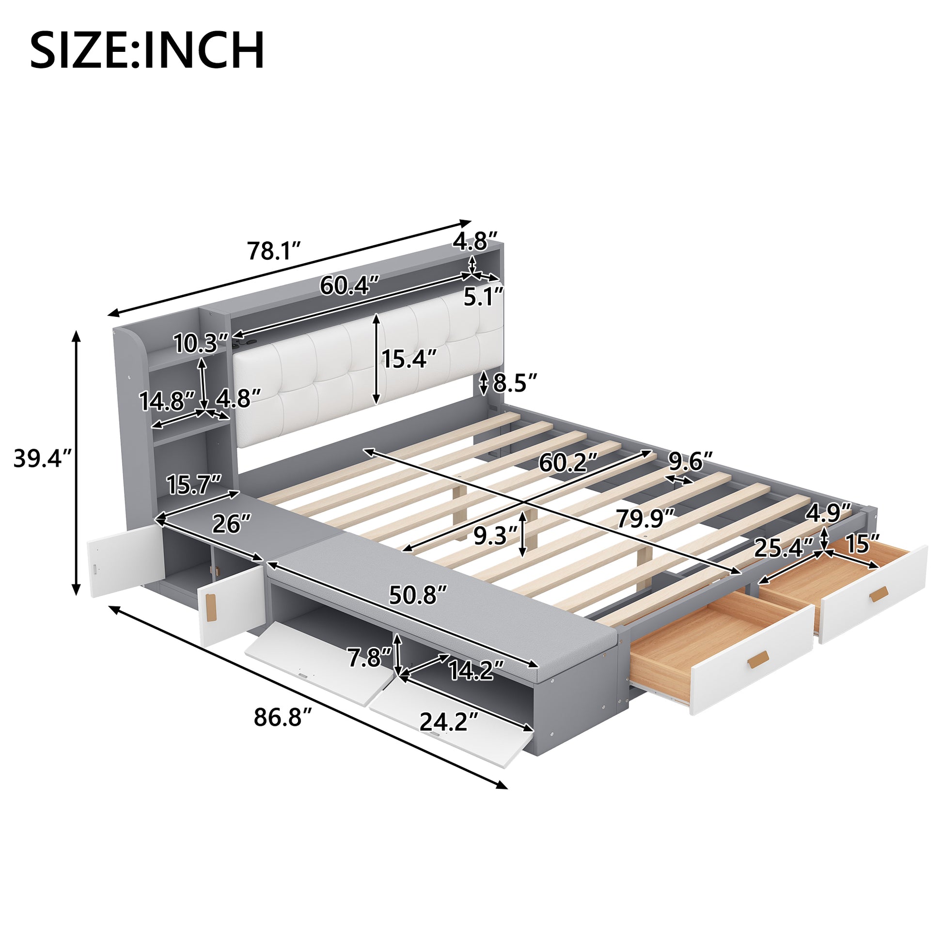 Queen Size Low Profile Platform Bed Frame With Upholstery Headboard And Storage Shelves And Drawers,Usb Charging Design,Gray Queen Gray Solid Wood Mdf