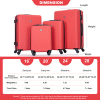 Luggage 4 Piece Abs Lightweight Suitcase With Rotating Wheels, 24 Inch And 28 Inch With Tsa Lock, 16 20 24 28 Red Red Abs