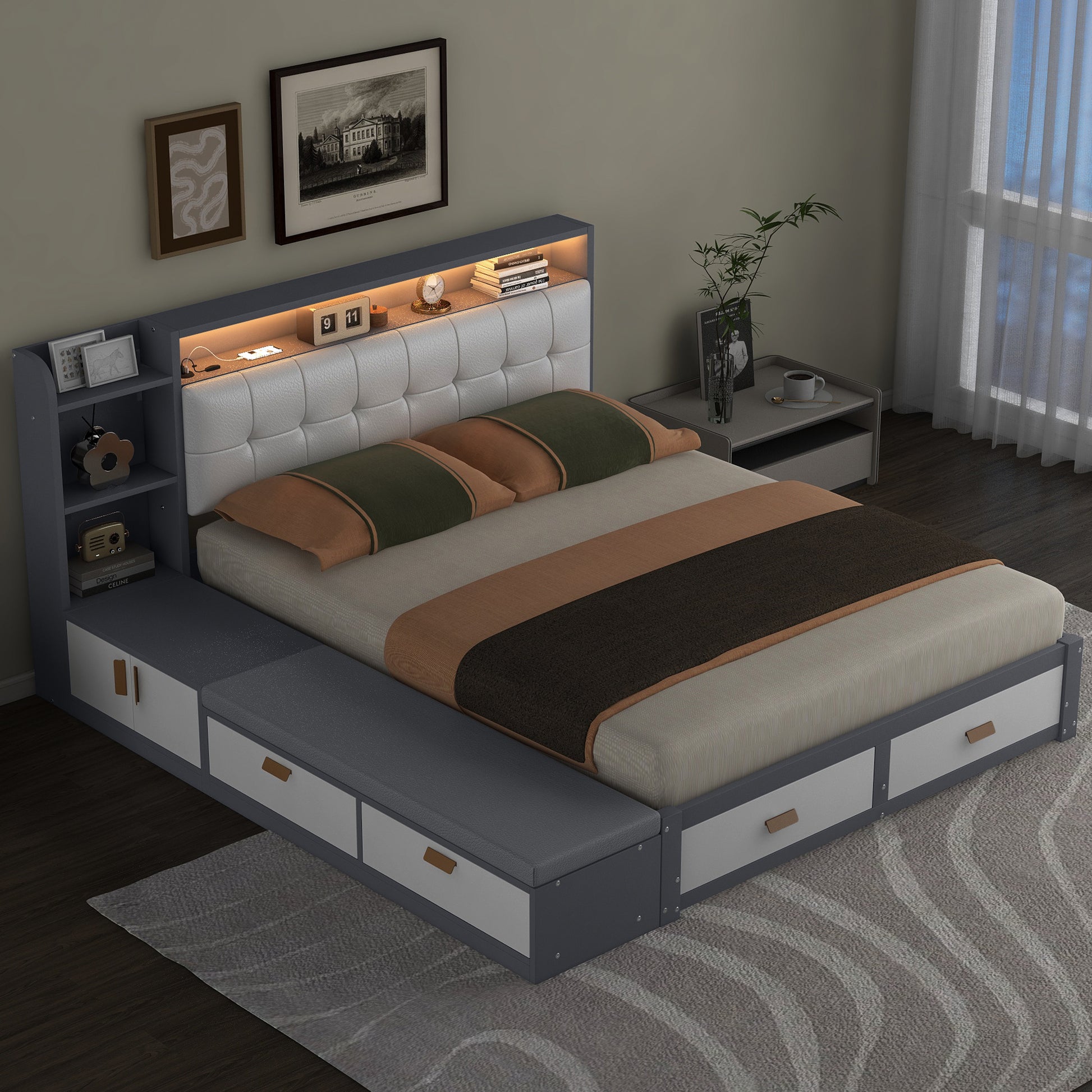Queen Size Low Profile Platform Bed Frame With Upholstery Headboard And Storage Shelves And Drawers,Usb Charging Design,Gray Queen Gray Solid Wood Mdf