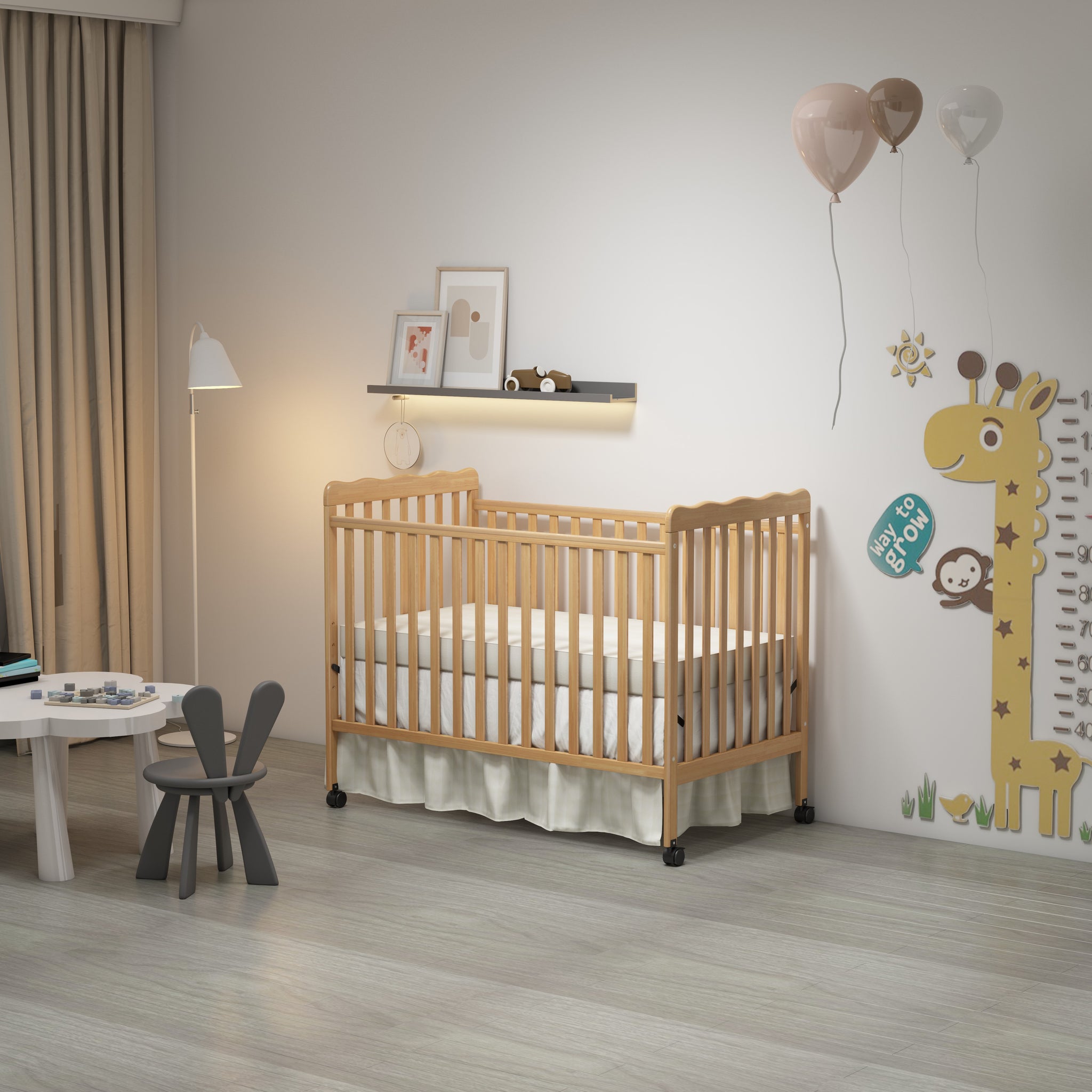 3 In 1 Convertible Crib In Natural, Made Of Sustainable Pinewood, Non Toxic Finish, Comes With Locking Wheels, Wooden Nursery Furniture Natural Wood