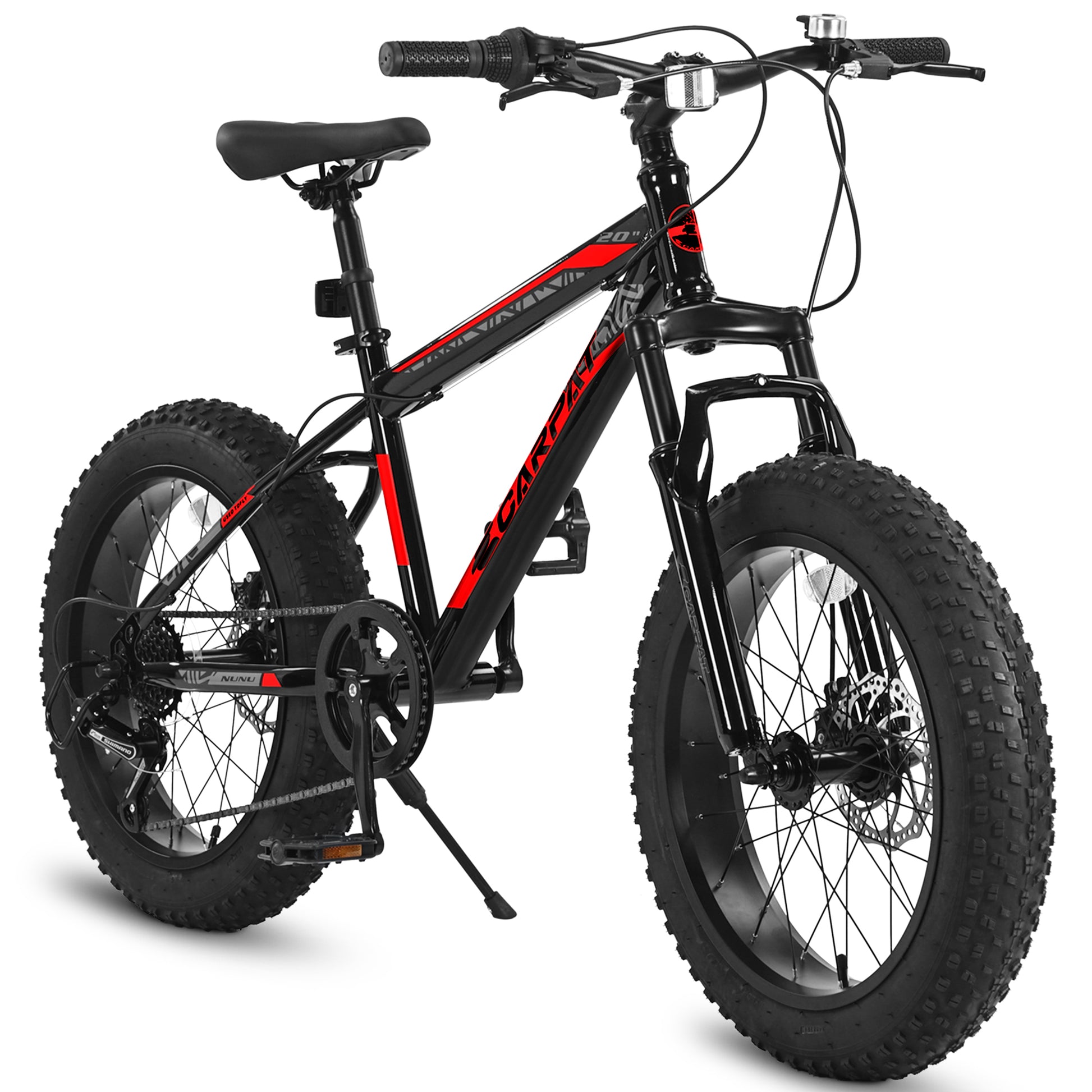 Ecarpat Kids Bike 20 Inch Wheels, 4" Wide Fat Tire Snow Mountain Bike Ages 8 12 Year Old, Steel Frame, 7 Speed Teenager Children Kids' Bicycles Black Red Steel