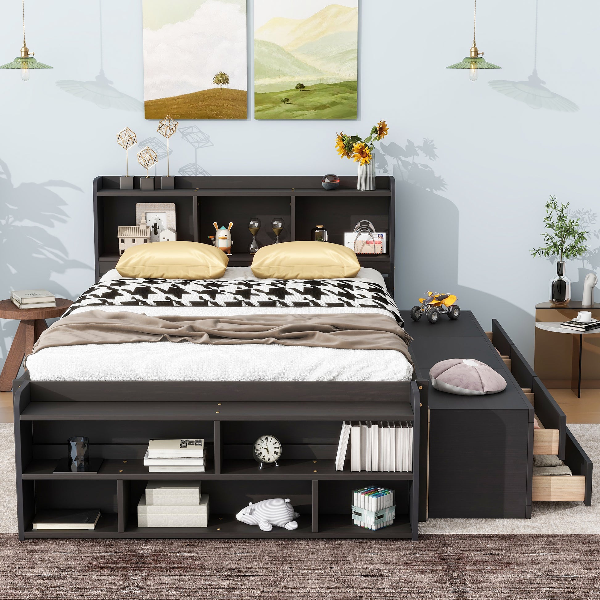 Full Bed With Bookcase Headboard, Under Bed Storage Drawers And Bed End Storage Case,Espresso Full Espresso American Design Pine