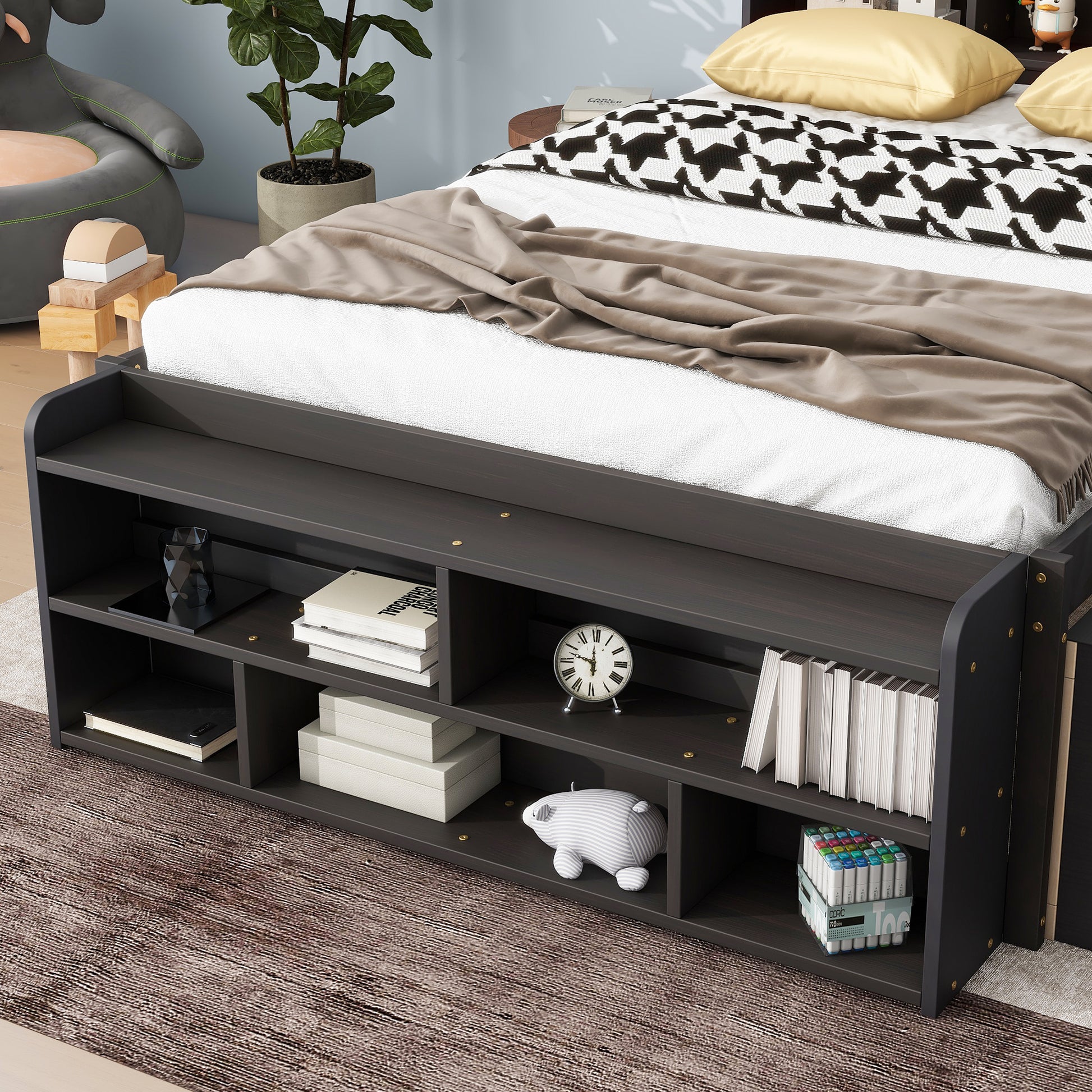 Full Bed With Bookcase Headboard, Under Bed Storage Drawers And Bed End Storage Case,Espresso Full Espresso American Design Pine