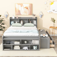 Full Bed With Bookcase Headboard, Under Bed Storage Drawers And Bed End Storage Case,Grey Full Grey American Design Pine