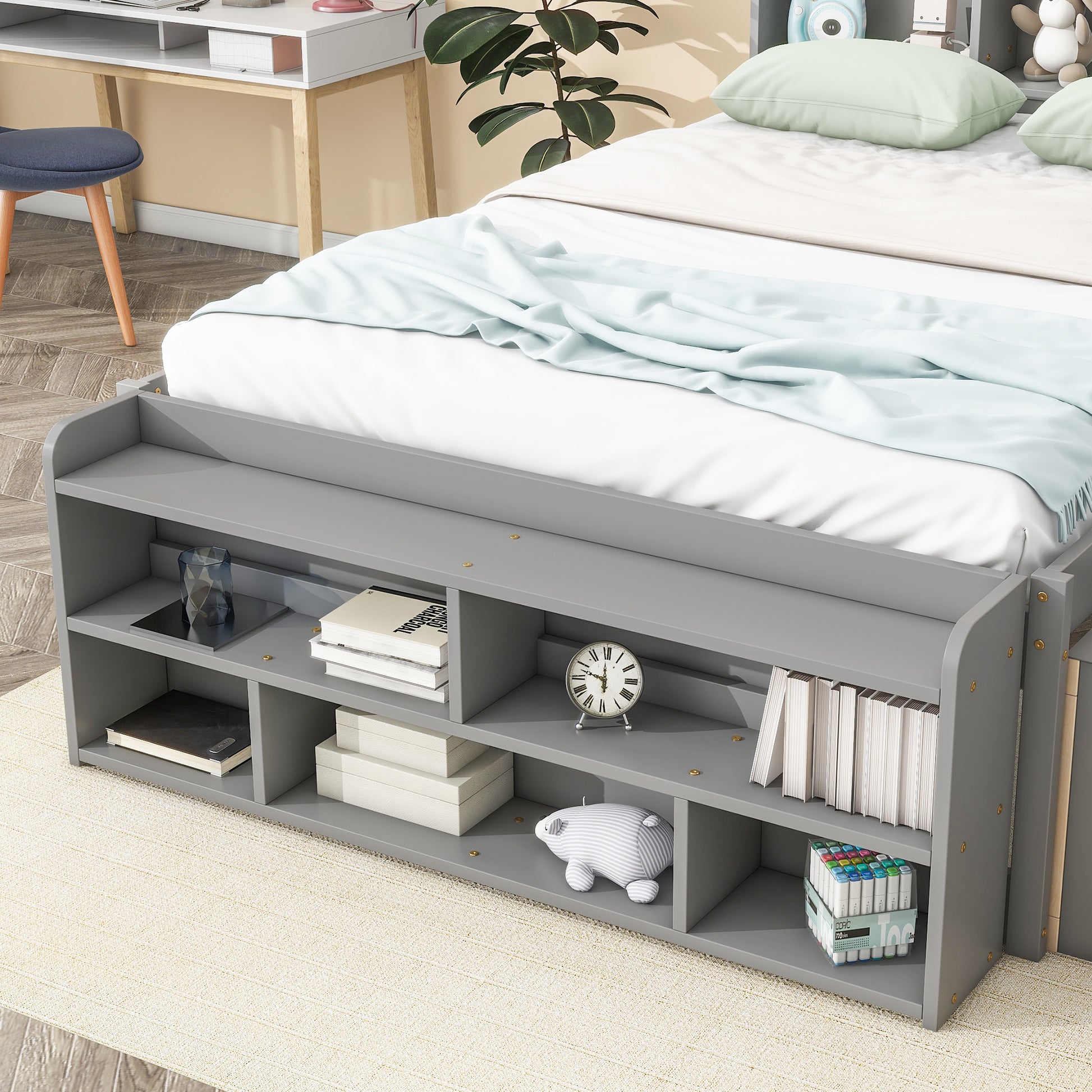 Full Bed With Bookcase Headboard, Under Bed Storage Drawers And Bed End Storage Case,Grey Full Grey American Design Pine