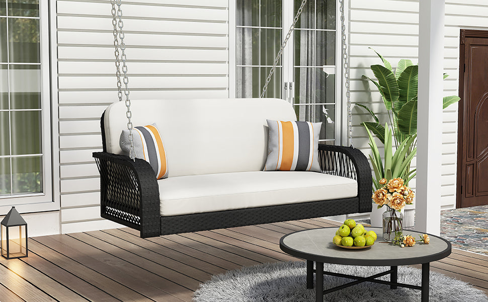 Pe Wicker Porch Swing, 2 Seater Hanging Bench With Chains, Patio Furniture Swing For Backyard Garden Poolside, Black And Beige Beige Black Foam Wicker
