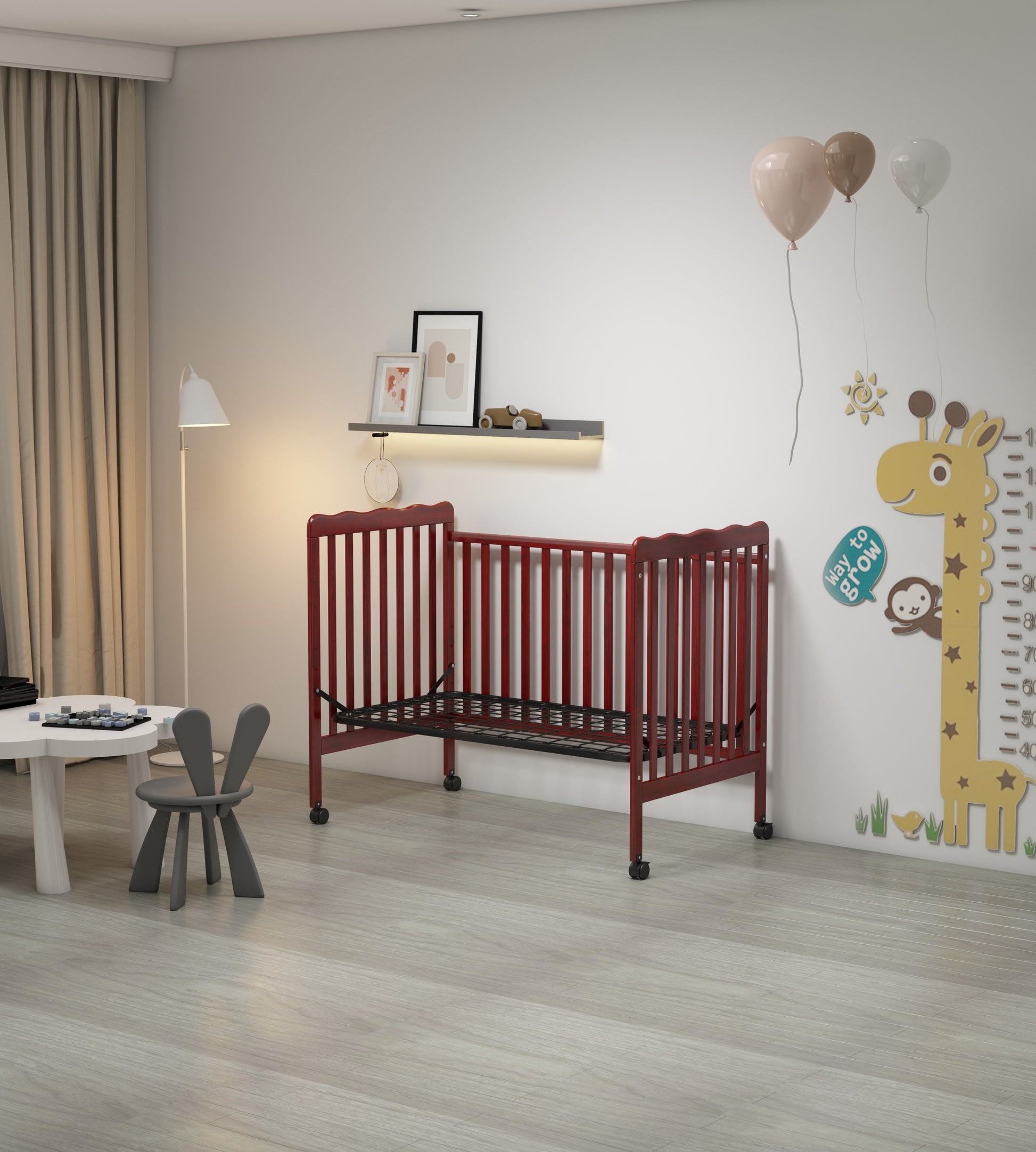 3 In 1 Convertible Crib In Cherry, Made Of Sustainable Pinewood, Non Toxic Finish, Comes With Locking Wheels, Wooden Nursery Furniture Cherry Wood