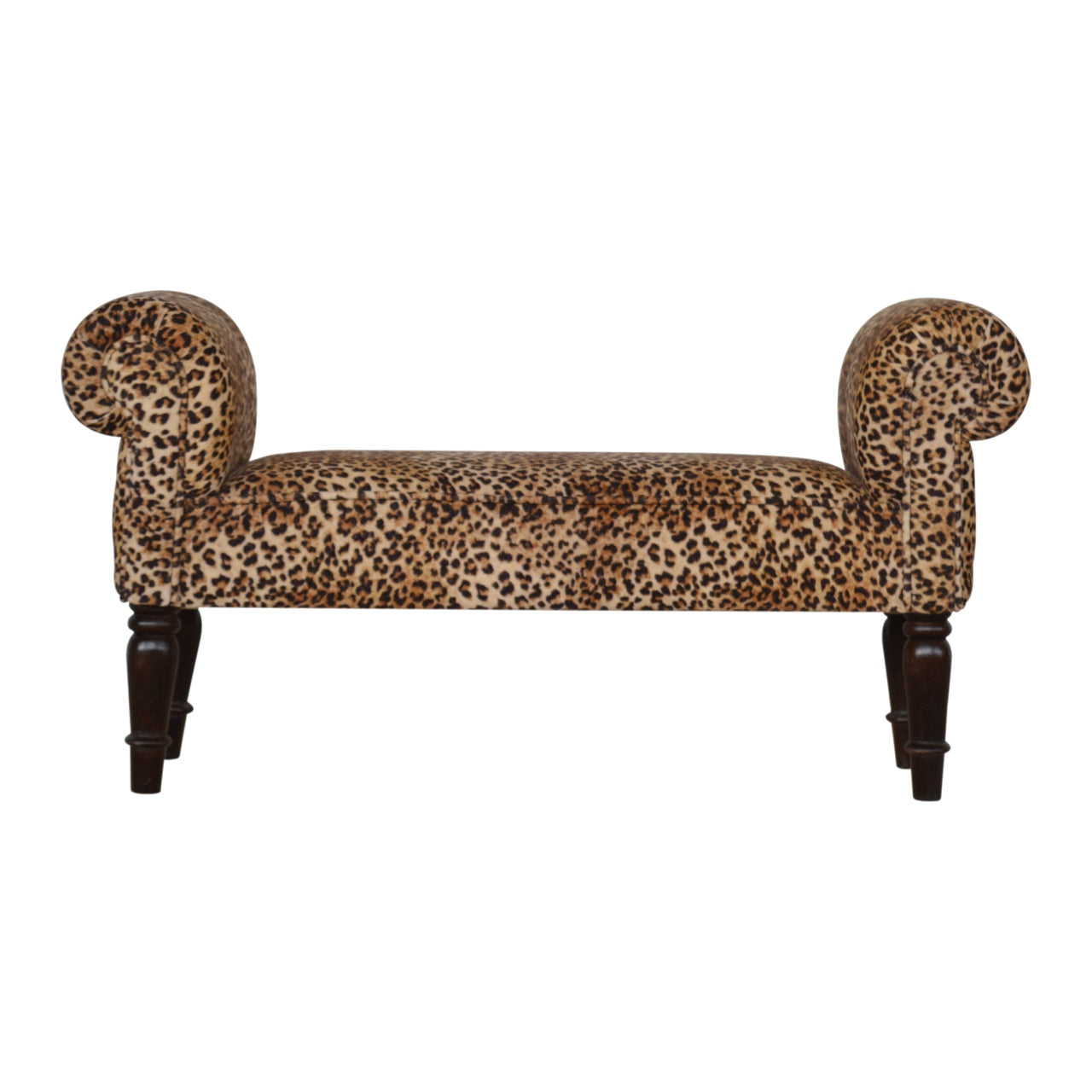 Leopard Print Velvet Bench Walnut Wood Fabric