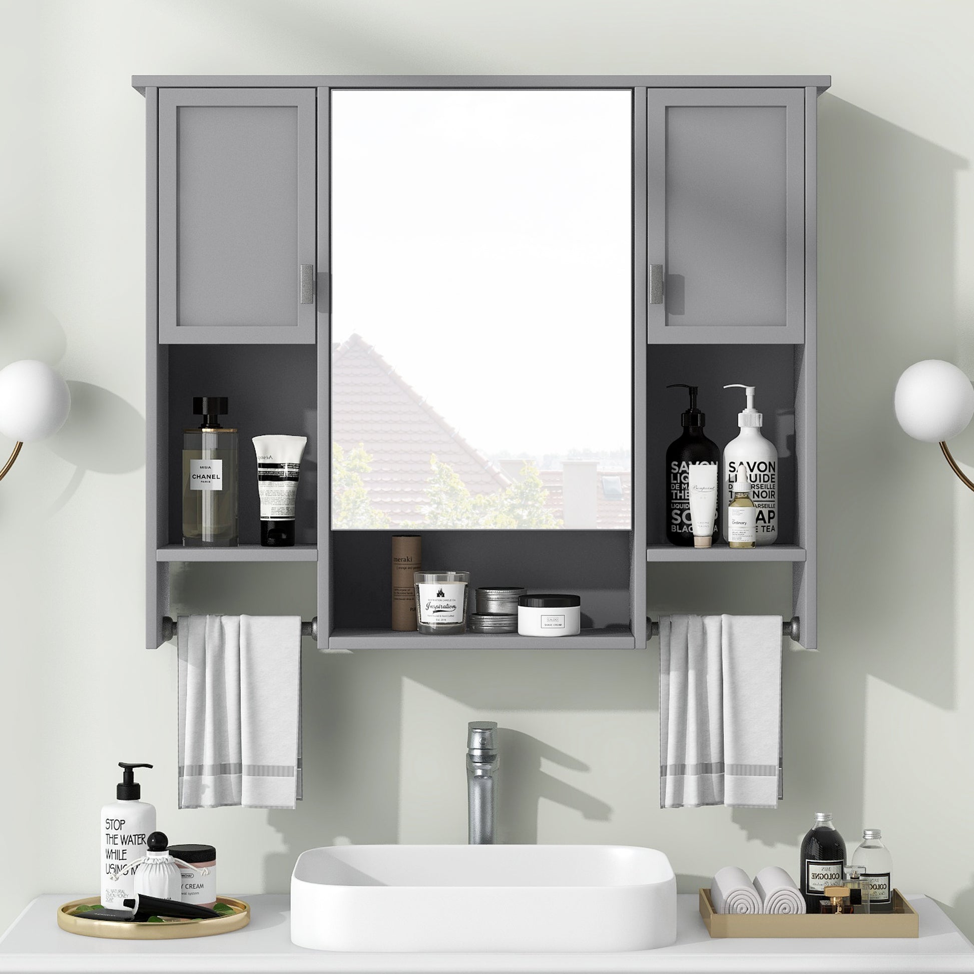 35'' X 28'' Modern Wall Mounted Bathroom Storage Cabinet, Bathroom Wall Cabinet With Mirror, Medicine Cabinet With Towels Bar Grey 2 5 Mirror Included Bathroom Wall Mounted Mdf Painted