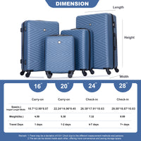 Luggage 4 Piece Abs Lightweight Suitcase With Rotating Wheels, 24 Inch And 28 Inch With Tsa Lock, 16 20 24 28 Blue Blue Abs