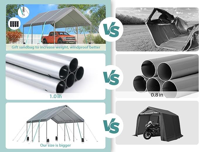 Sannwsg 10 * 20 Heavy Duty Carport Canopy Extra Large Portable Car Tent Garage With Adjustable Peak Height From 9.5Ft To 11Ft,Removable Roof &Side Walls For Car, Suv,Boats Gray Rectangular None Garden & Outdoor Water Resistant Carports Metal