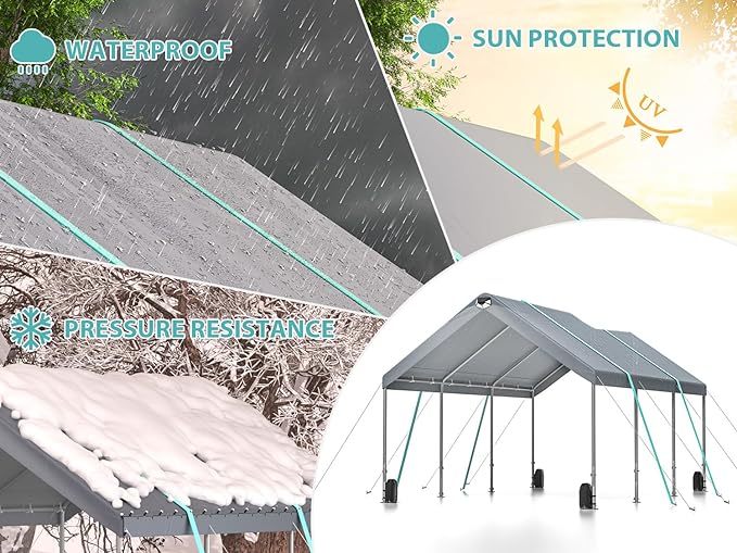 12*20 Heavy Duty Carport Canopy Extra Large Portable Car Tent Garage With Adjustable Peak Height From 9.5Ft To 11Ft,Metal Roof &Side Walls For Car, Suv,Boats&Truck Party Tent Shelter Logic Storage Gray Rectangular None Garden & Outdoor Water Resistant