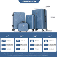 4 Piece Abs Lightweight Suitcase, 14 Inch Makeup Box, Aircraft Wheels 14 20 24 28 Blue Blue Abs