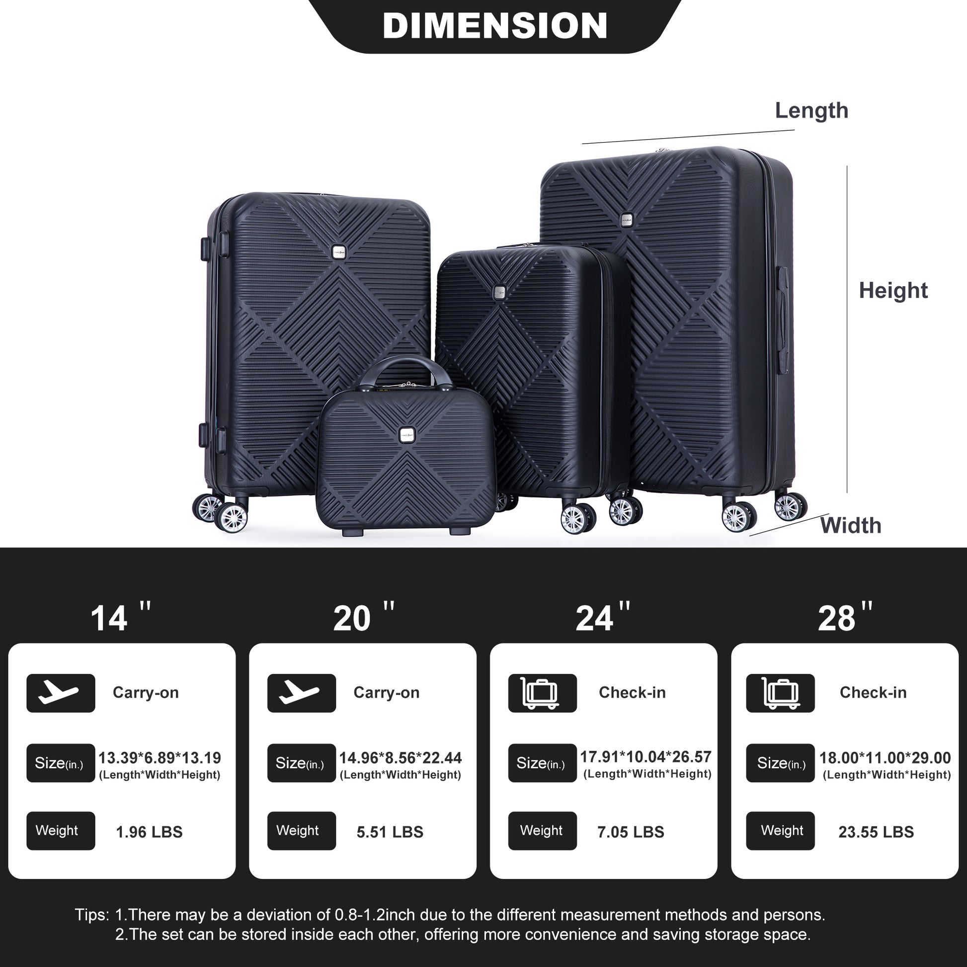 4 Piece Abs Lightweight Suitcase, 14 Inch Makeup Box, Aircraft Wheels 14 20 24 28 Black Black Abs