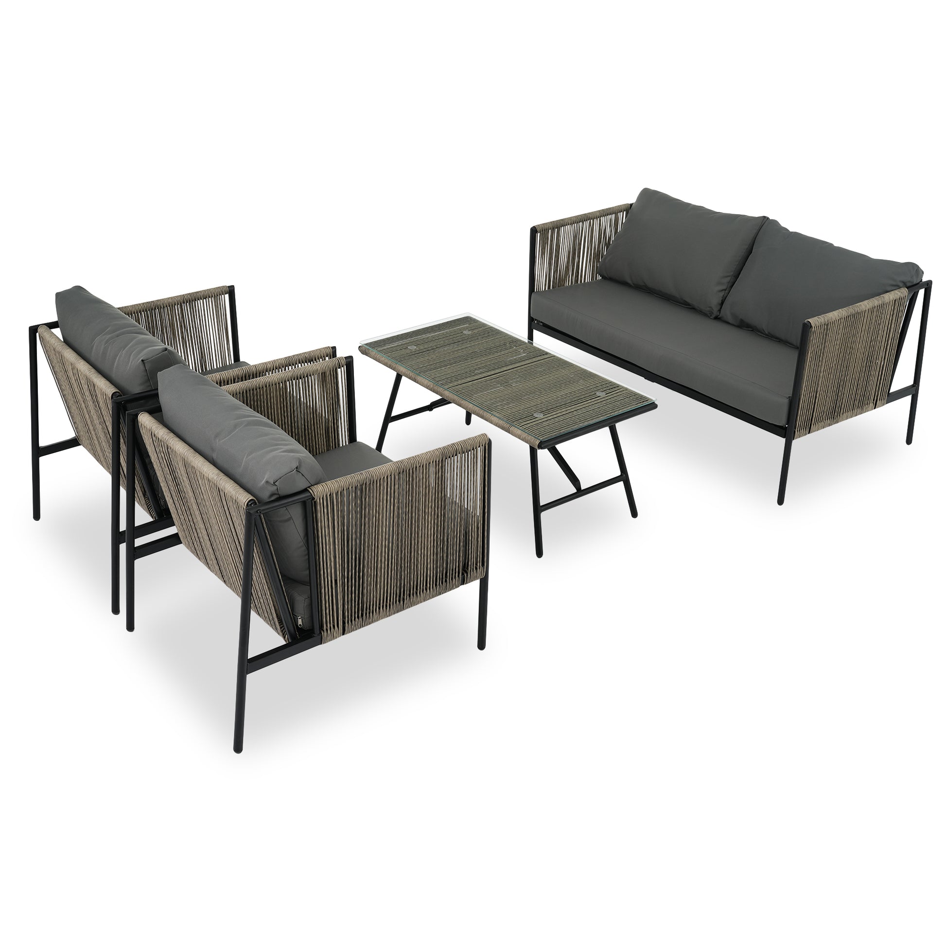 4 Piece Rope Sofa Set With Thick Cushions And Toughened Glass Table, All Weather Patio Furniture Set For 4 Person With Loveseat, Gray Yes Gray Seats 4 Garden & Outdoor Complete Patio Sets Foam Metal