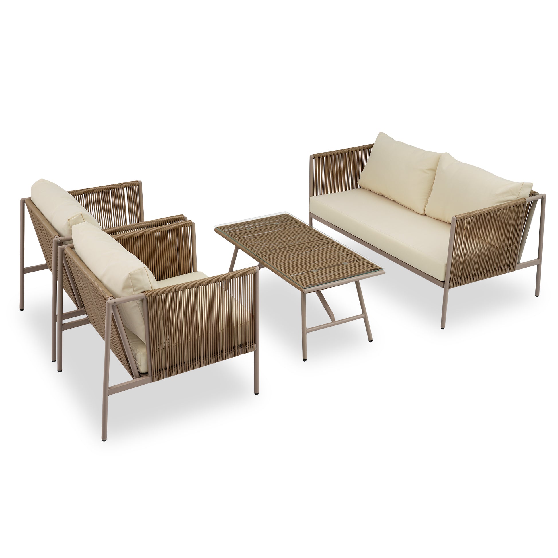 4 Piece Rope Sofa Set With Thick Cushions And Toughened Glass Table, All Weather Patio Furniture Set For 4 Person With Loveseat, Beige Yes Beige Seats 4 Garden & Outdoor Complete Patio Sets Foam Metal