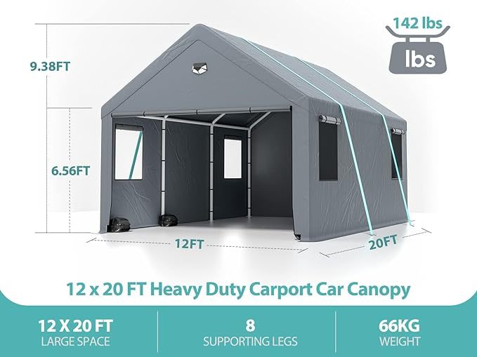 Sannwsg 12 * 20 Heavy Duty Carport Canopy Extra Large Portable Car Tent Garage With Roll Up Windows And All Season Tarp Cover,Metal Roof &Side Walls For Car, Suv,Boats&Truck Shelter Logic Storage Gray Rectangular None Garden & Outdoor Water Resistant