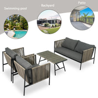 4 Piece Rope Sofa Set With Thick Cushions And Toughened Glass Table, All Weather Patio Furniture Set For 4 Person With Loveseat, Gray Yes Gray Seats 4 Garden & Outdoor Complete Patio Sets Foam Metal