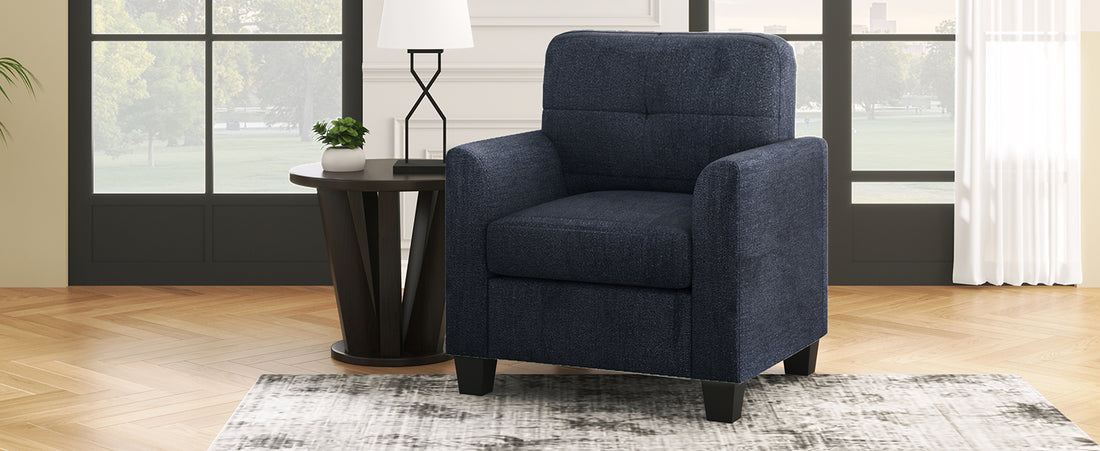 Mid Century Modern Accent Chair Cozy Armchair Button Tufted Back And Wood Legs For Living Room, Office Room, Dark Blue Dark Blue Primary Living Space Polyester