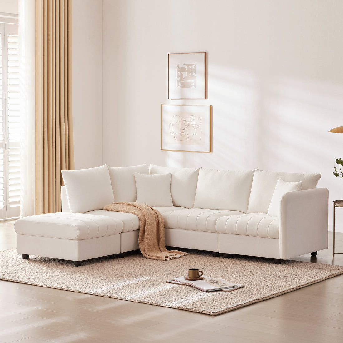 89*79"Modern Sectional Sofa With Vertical Stripes,2 Pillows,5 Seat Couch With Convertible Ottoman,Various Combinations,L Shape Indoor Furniture For Living Room,Apartment, 3 Colors White Fabric 5 Seat