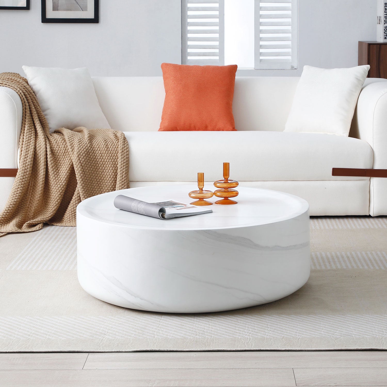 39.37'' White Marble Round Coffee Table Sturdy Fiberglass Table For Living Room, No Need Assembly. White Fiberglass