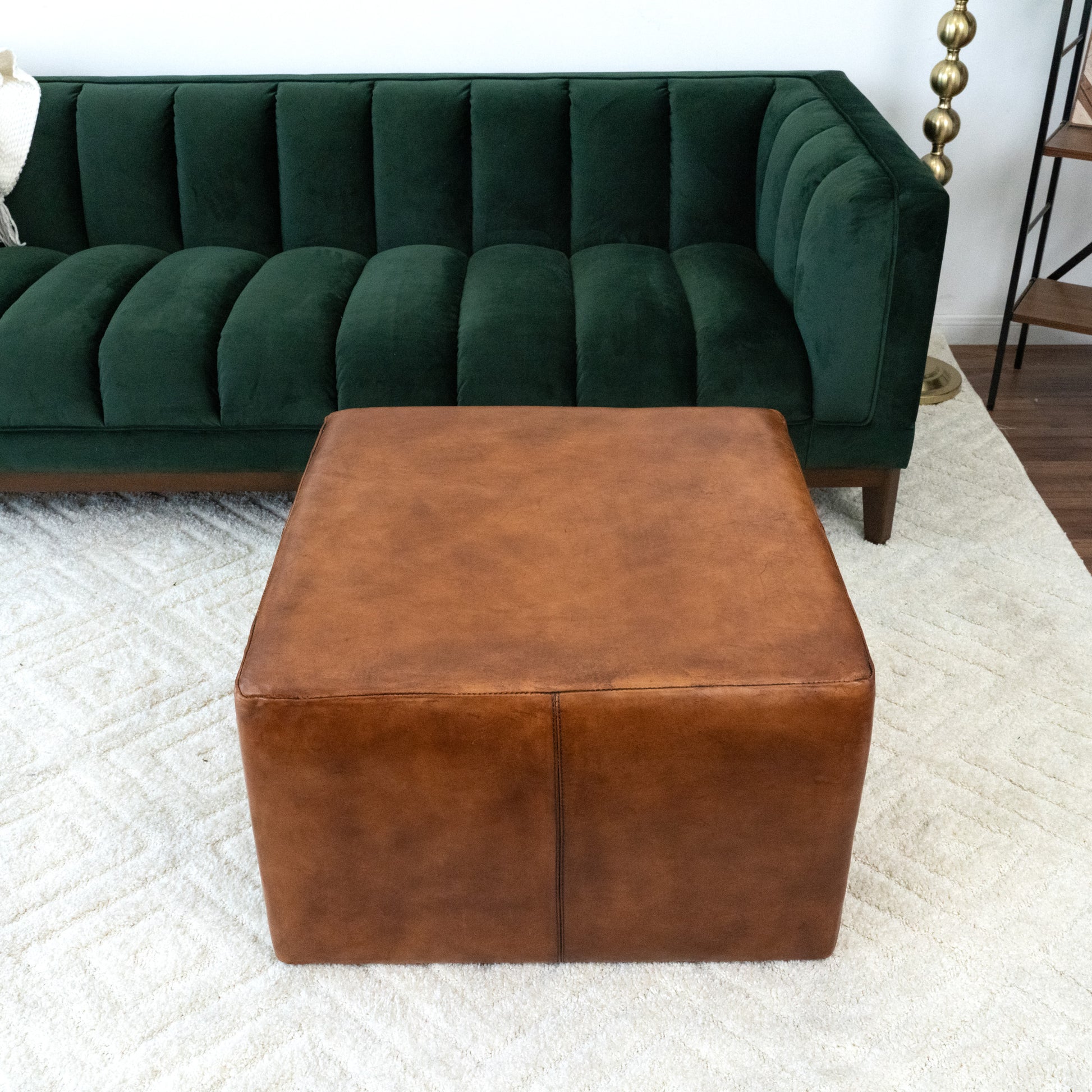 Mallory Mid Century Square Genuine Leather Upholstered Ottoman In Tan Brown Genuine Leather Backless Solid Brown Mid Century Modern Square Armless Boucle