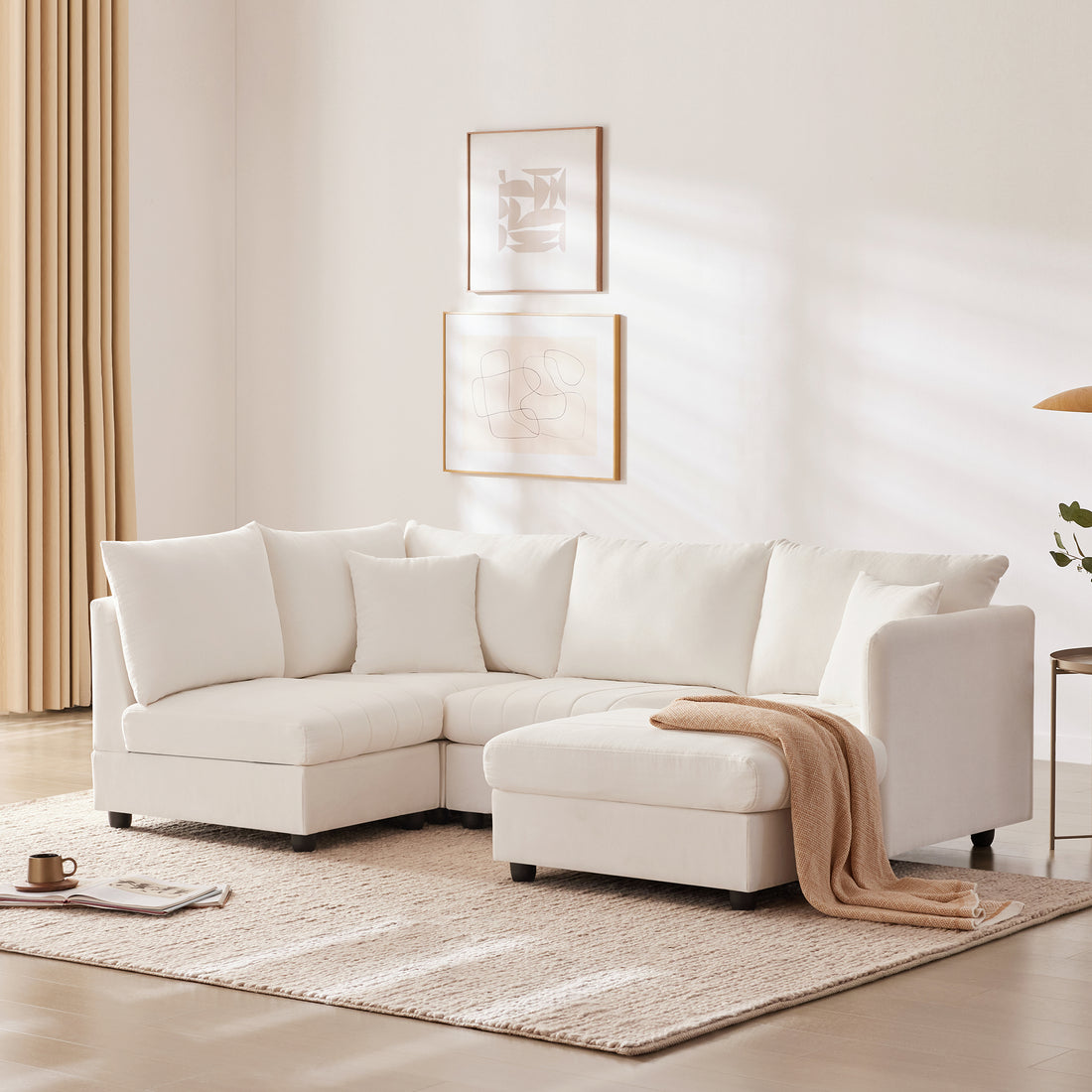 89*79"Modern Sectional Sofa With Vertical Stripes,2 Pillows,5 Seat Couch With Convertible Ottoman,Various Combinations,L Shape Indoor Furniture For Living Room,Apartment, 3 Colors White Fabric 5 Seat