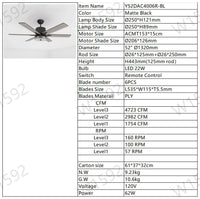 52 Inch Indoor Modern Led Ceiling Fan With Light And Remote Control, Reversible 6 Bladesreversible Motor Matte Black Matte Black Plywood Metal & Wood