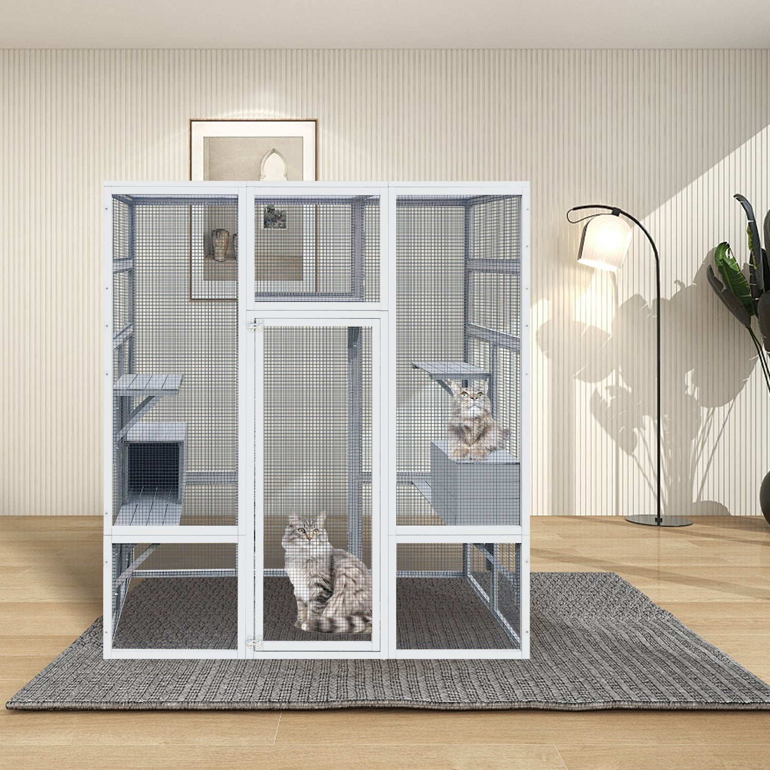 62.6" Wooden Cat House Large Catio, Solid Wood Cat Cage Shelter Enclosure Playpen With Anti Uv& Waterproof, 7 Platforms And 2 Resting Boxes Gray Wood