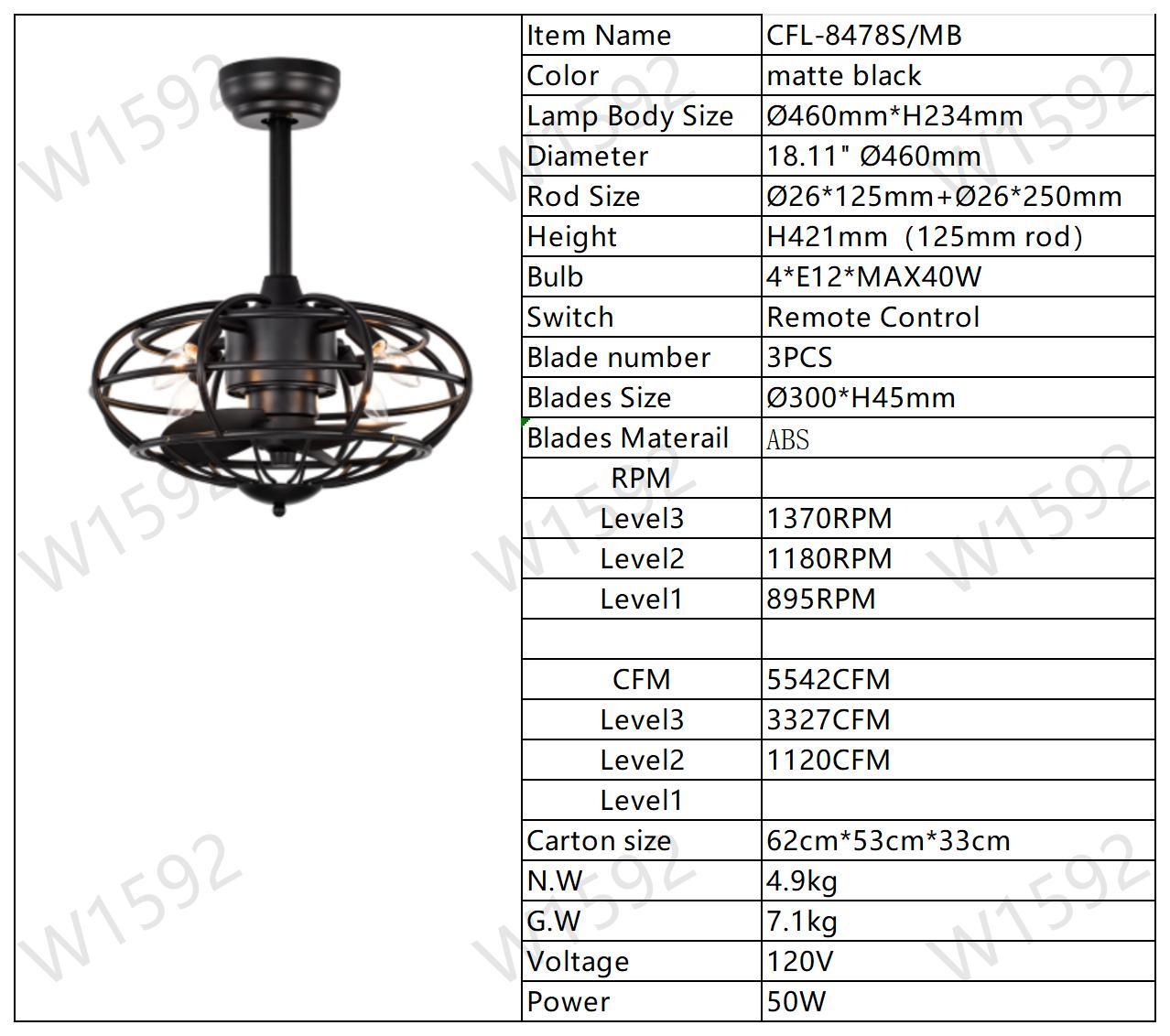 18.1" Caged Ceiling Fan With Remote Control,Timer, 3 Speeds Indoor Ceiling Fan For Farmhouse, Bedroom Living Room No Include Bulbs Matte Black American Design,Farmhouse,Modern,Traditional,Vintage Abs Metal