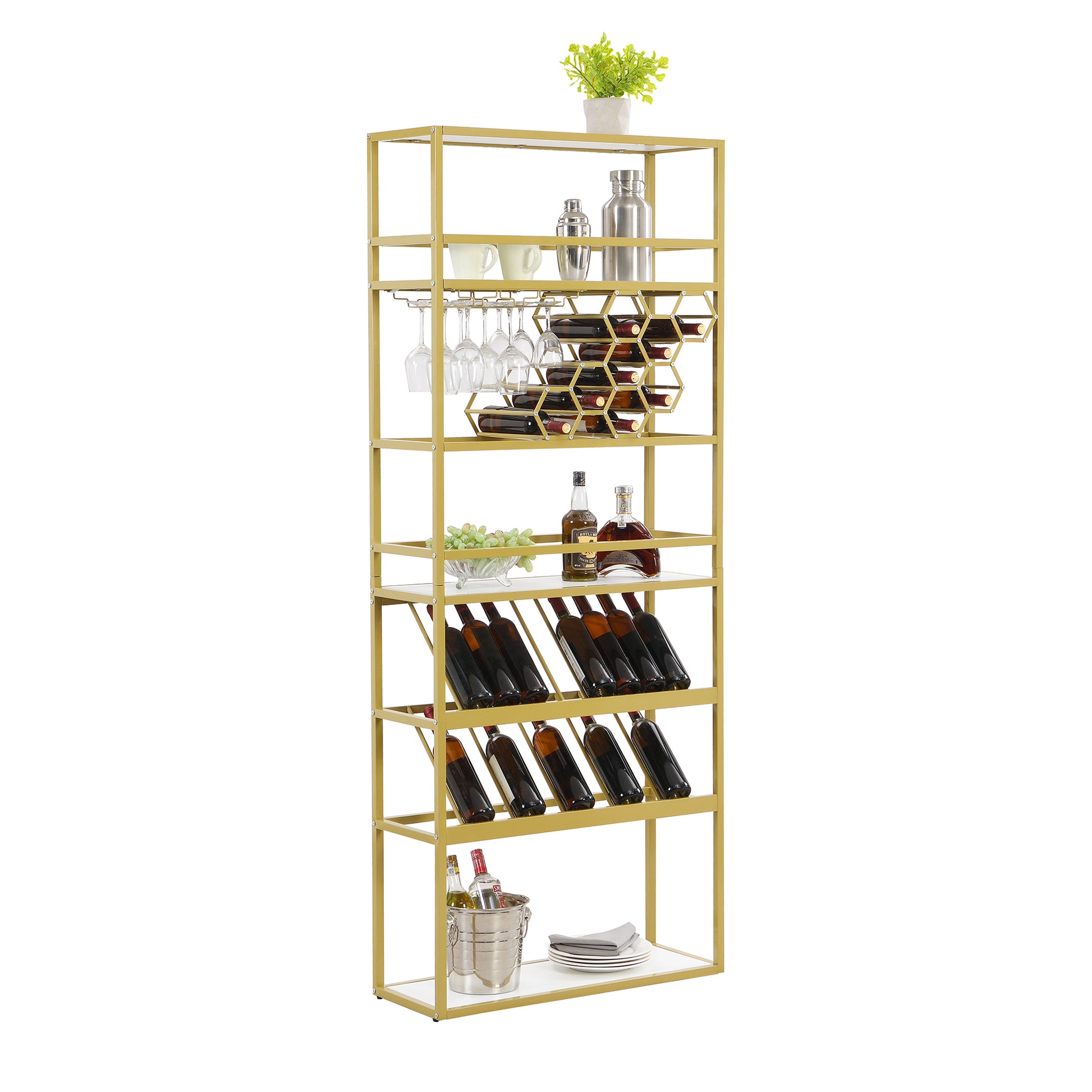 Led Tall Led Tall Wine Rack Freestanding Floor, 7 Tier Wine Baker Rack With Glass Holder & Wine Storage, Industrial Wine Display Shelf Wine Bar Cabinet For Bar, Kitchen, Dining Room White Gold Dining Room Industrial Mdf Metal