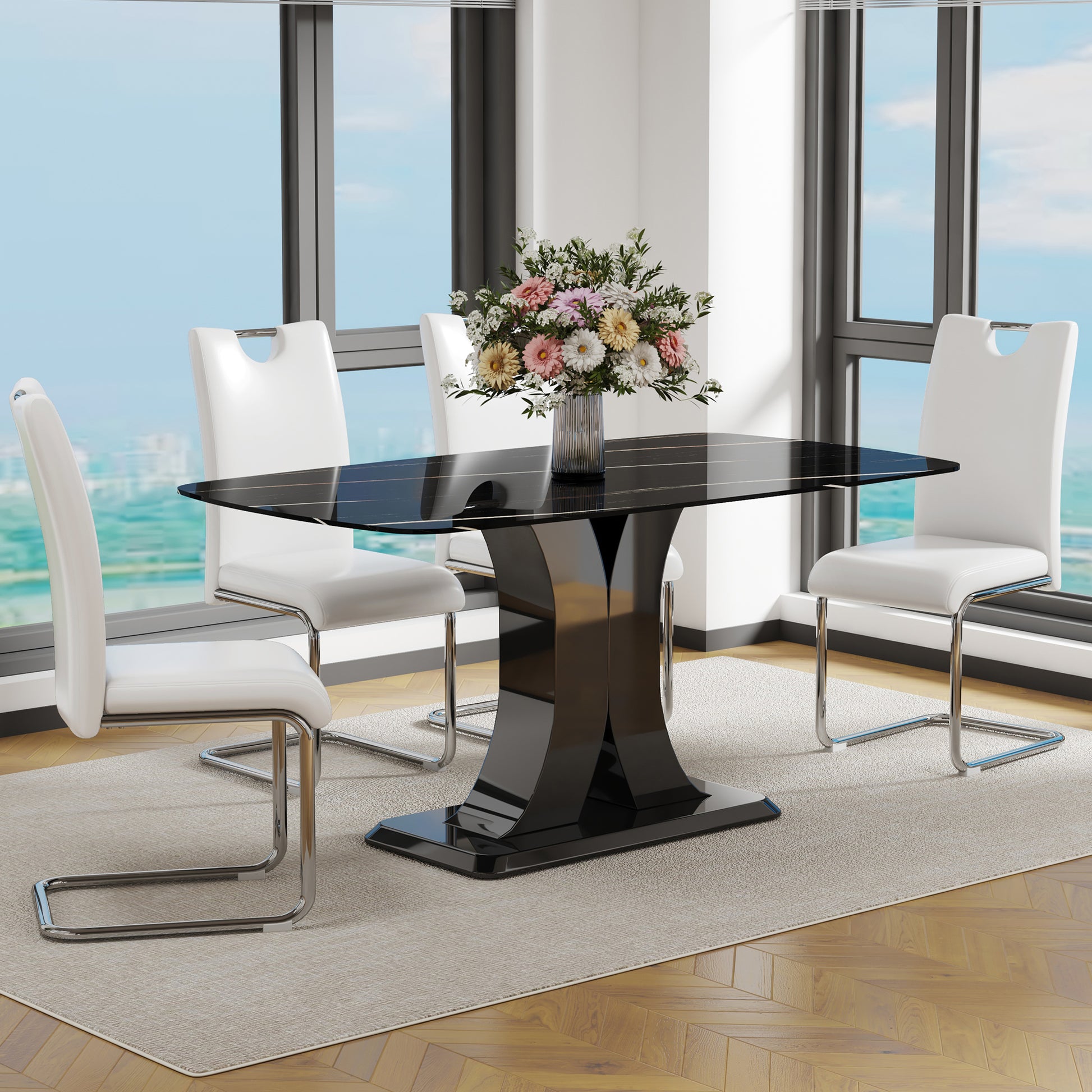 Modern Dining Table Set With Convertible Base, Luxury Rectangular Kitchen Table For 6, 5 Piece Dining Room Set With Glass Tabletop And X Shaped Legs, Dining Table & 4 Chairs Black Marble&White