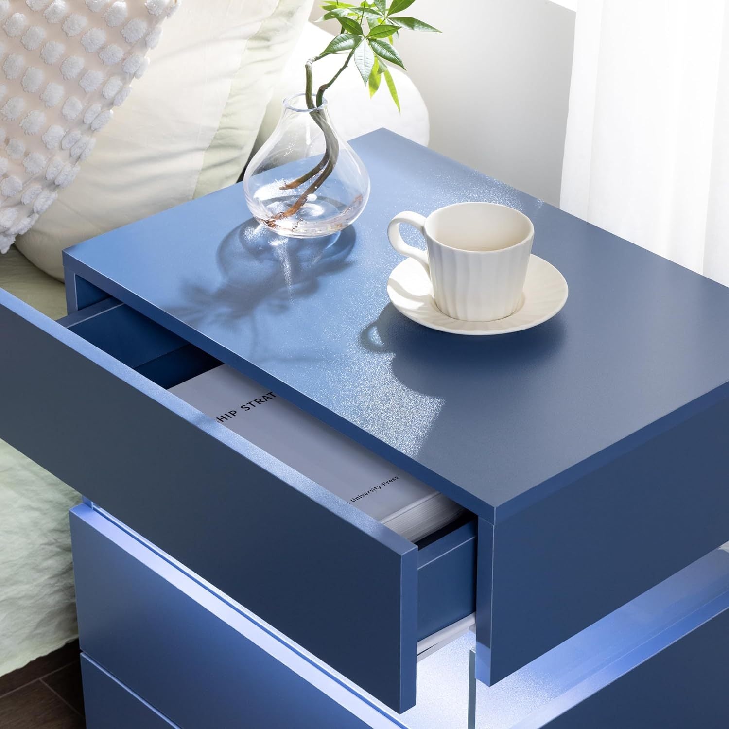 Led Nightstands Acrylic Board Led Bedside Tables For Bedroom End Table With 3 Drawer Dresser For Bedroom Living Room Bedside Furniture Blue Blue 3 Drawers Bedroom Bedside Cabinet American Design,American Traditional,Boho,Casual,Classic Easy Assembly