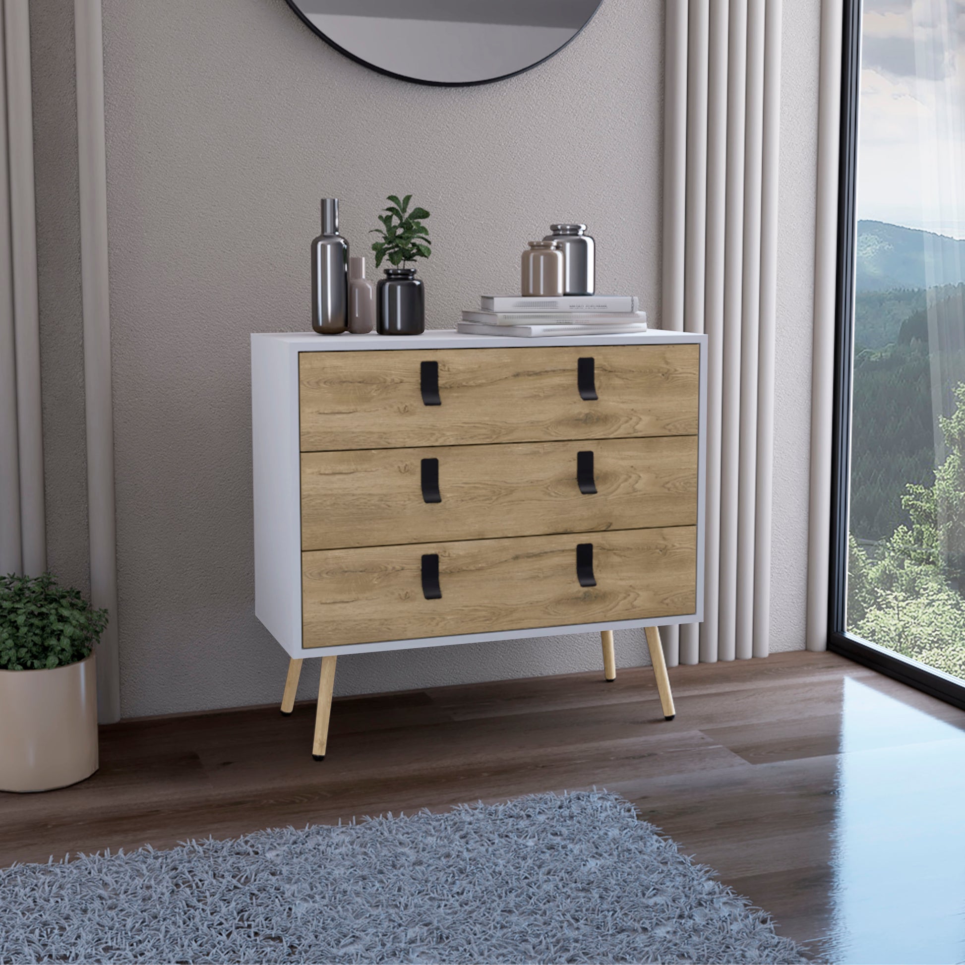 Kimball 3 Drawer Dresser, Modern Chic Storage With Wooden Legs Multicolor Particle Board Engineered Wood