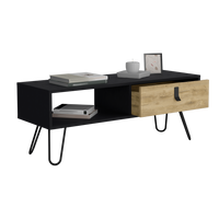 15" H Rectangular White Macadamia Coffee Table, 4 Vintage Metal Legs, 1 Vertical Divider For Designer Books, And 1 Drawer For Storing Small Things. Black Multi Particle Board Pine