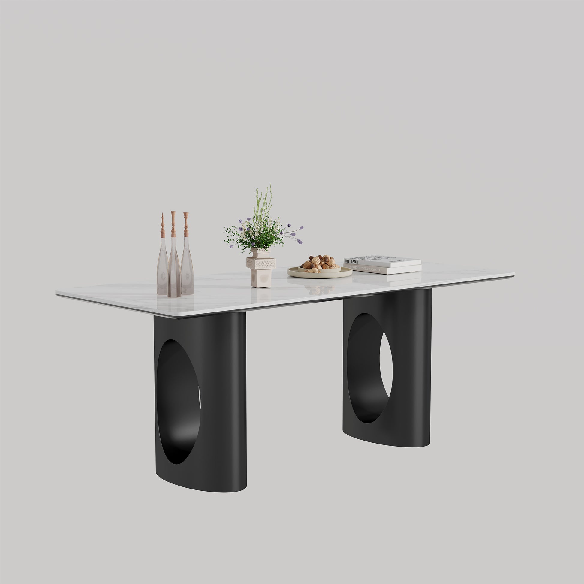 0.47" Thick Sintered Stone Composite Tempered Glass Top Rectangular Dining Table With Carbon Steel Base Black Sintered Stone