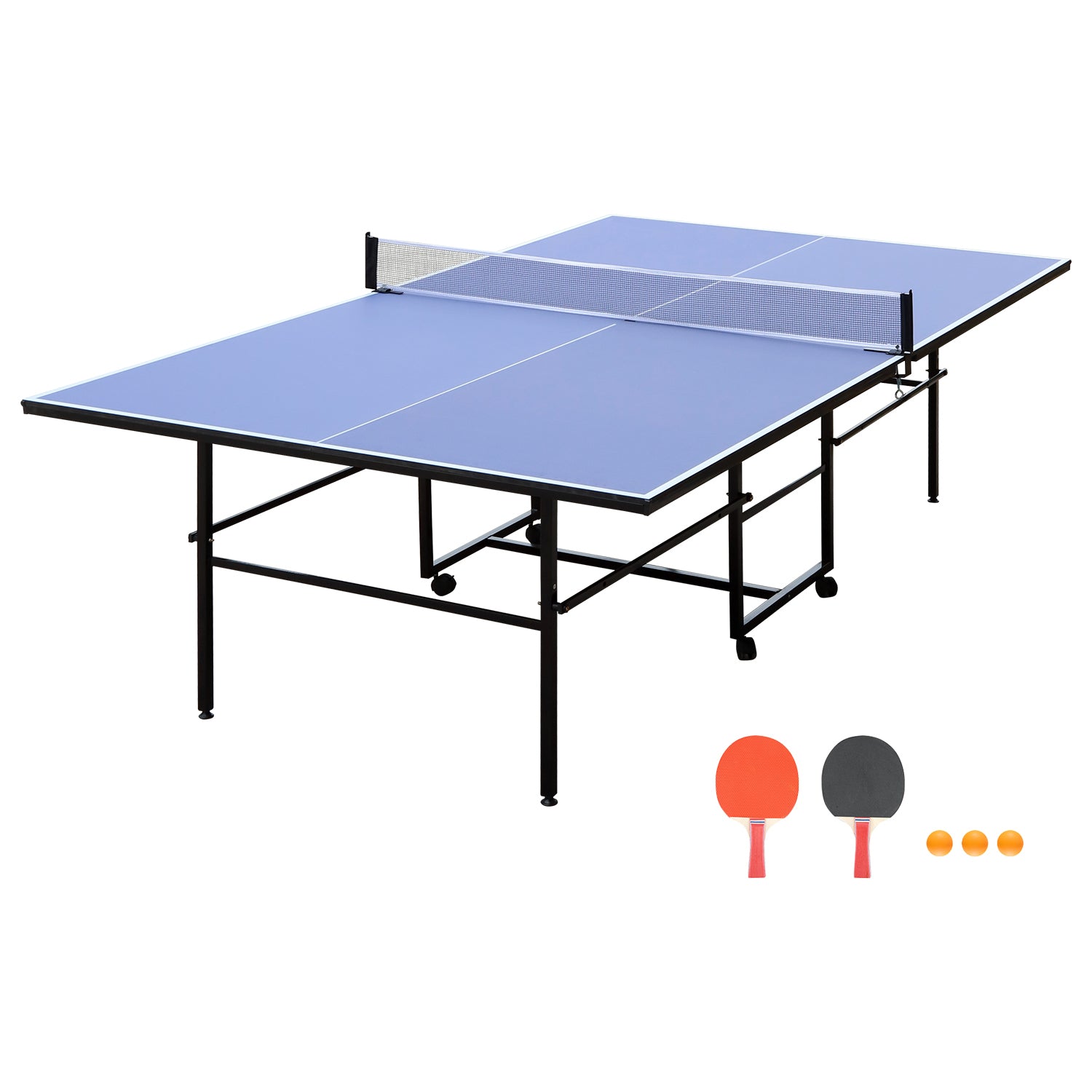 9Ft Mid Size Table Tennis Table Foldable & Portable Ping Pong Table Set For Indoor Games With Net, 2 Table Tennis Paddles And 3 Balls Blue Mdf