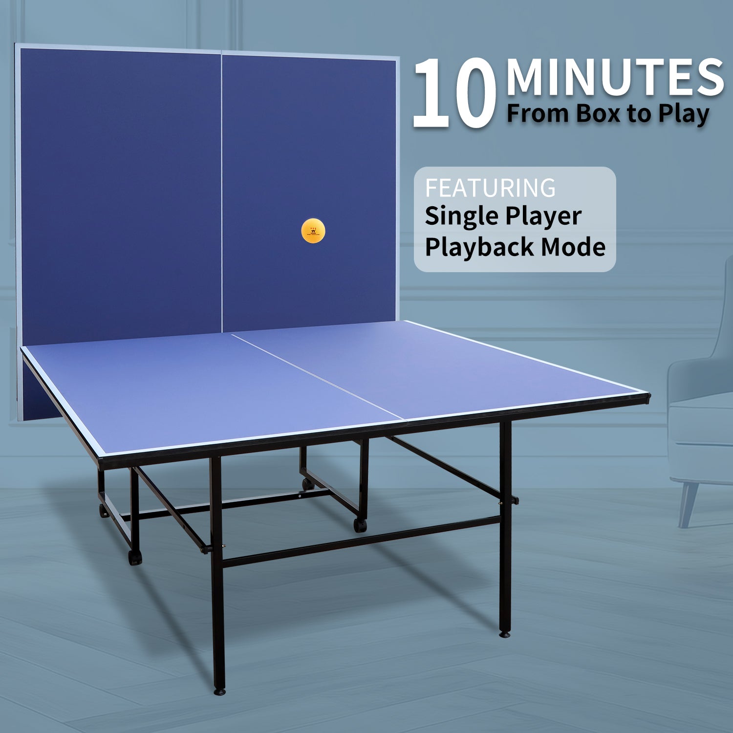 9Ft Mid Size Table Tennis Table Foldable & Portable Ping Pong Table Set For Indoor Games With Net, 2 Table Tennis Paddles And 3 Balls Blue Mdf