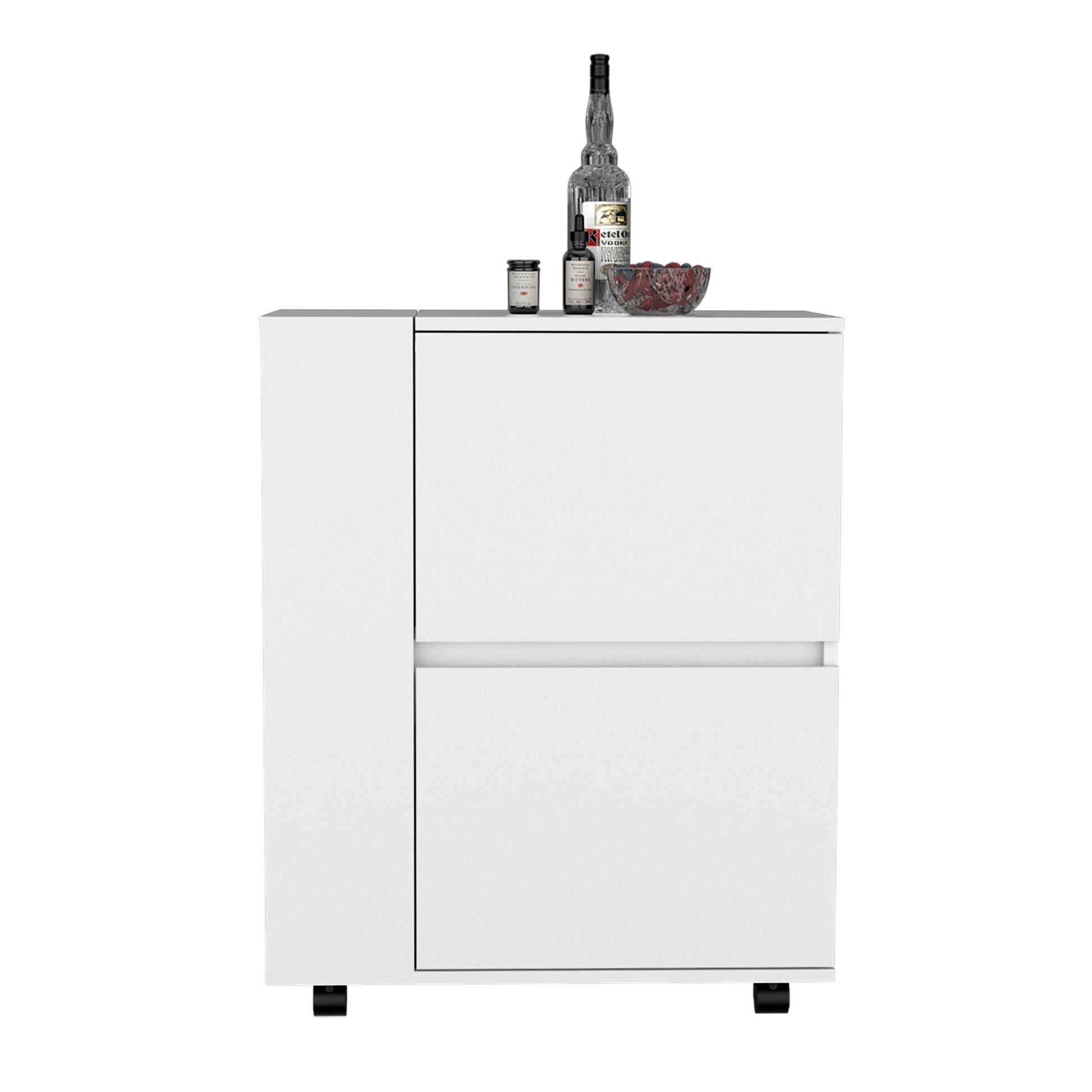 Depot E Shop Tully Bar Cart Two Pull Down Door Cabinets And Two Open Shelves,White White Dining Room Modern Rectangular Particle Board Pine Medium 40 55In