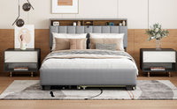 Queen Size Upholstered Platform Bed With Storage Headboard, Twin Xl Size Trundle & 2 Drawers And A Set Of Sockets & Usb Ports, Linen Fabric, Gray Gray Linen