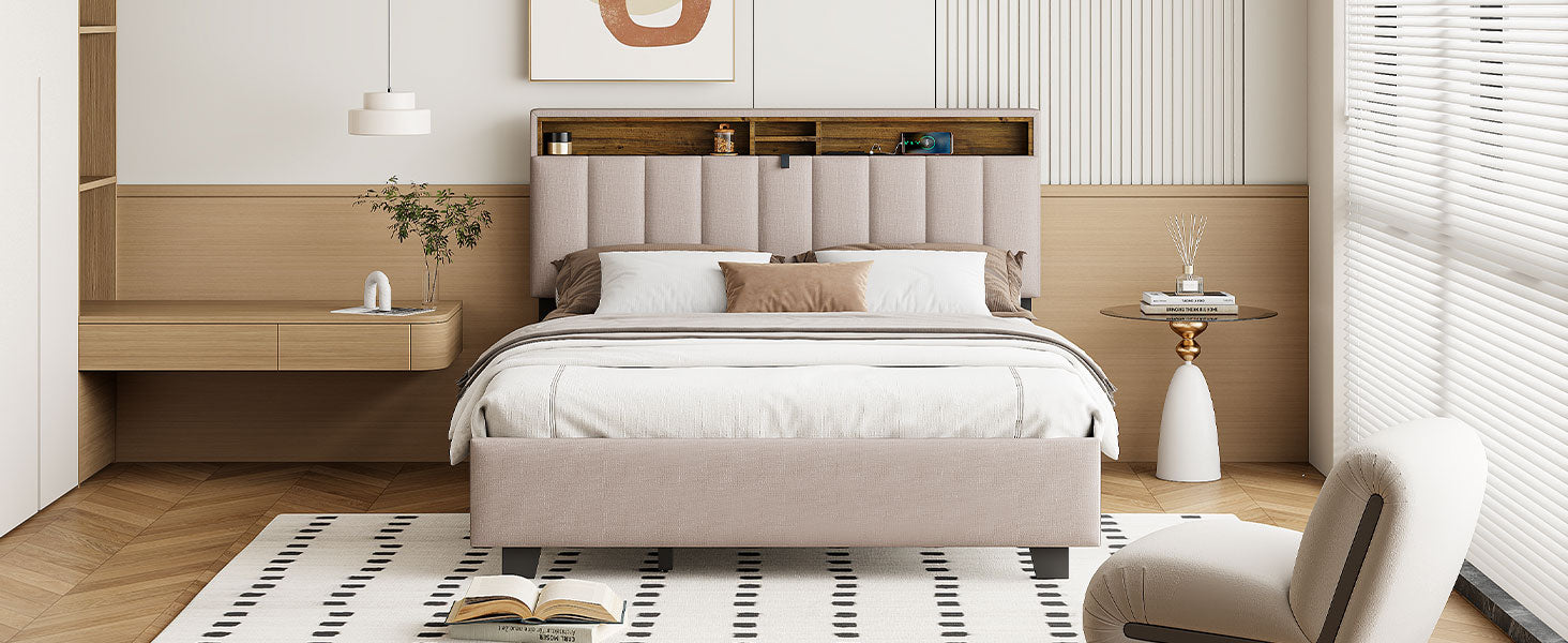 Queen Size Upholstered Platform Bed With Storage Headboard, Twin Xl Size Trundle & 2 Drawers And A Set Of Sockets & Usb Ports, Linen Fabric, Beige Beige Linen