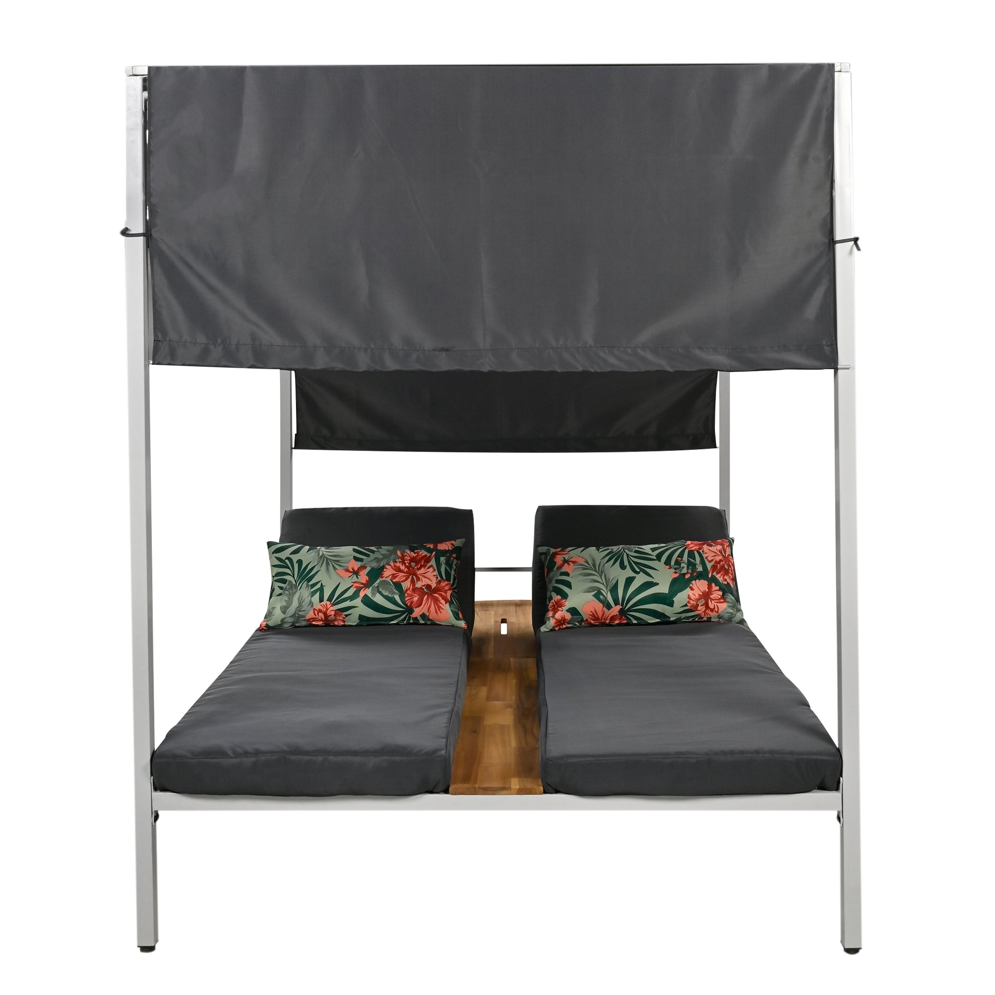 Outdoor Patio Sunbed Daybed With Cushions, Adjustable Seats Grey Steel