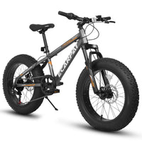 A20316 20 Inch Fat Tire Bike Adult Youth Full Shimano 7 Speed Mountain Bike, Dual Disc Brake, High Carbon Steel Frame, Front Suspension, Mountain Trail Bike, Urban Commuter City Bicycle,Fat Tire Bike Grey Steel