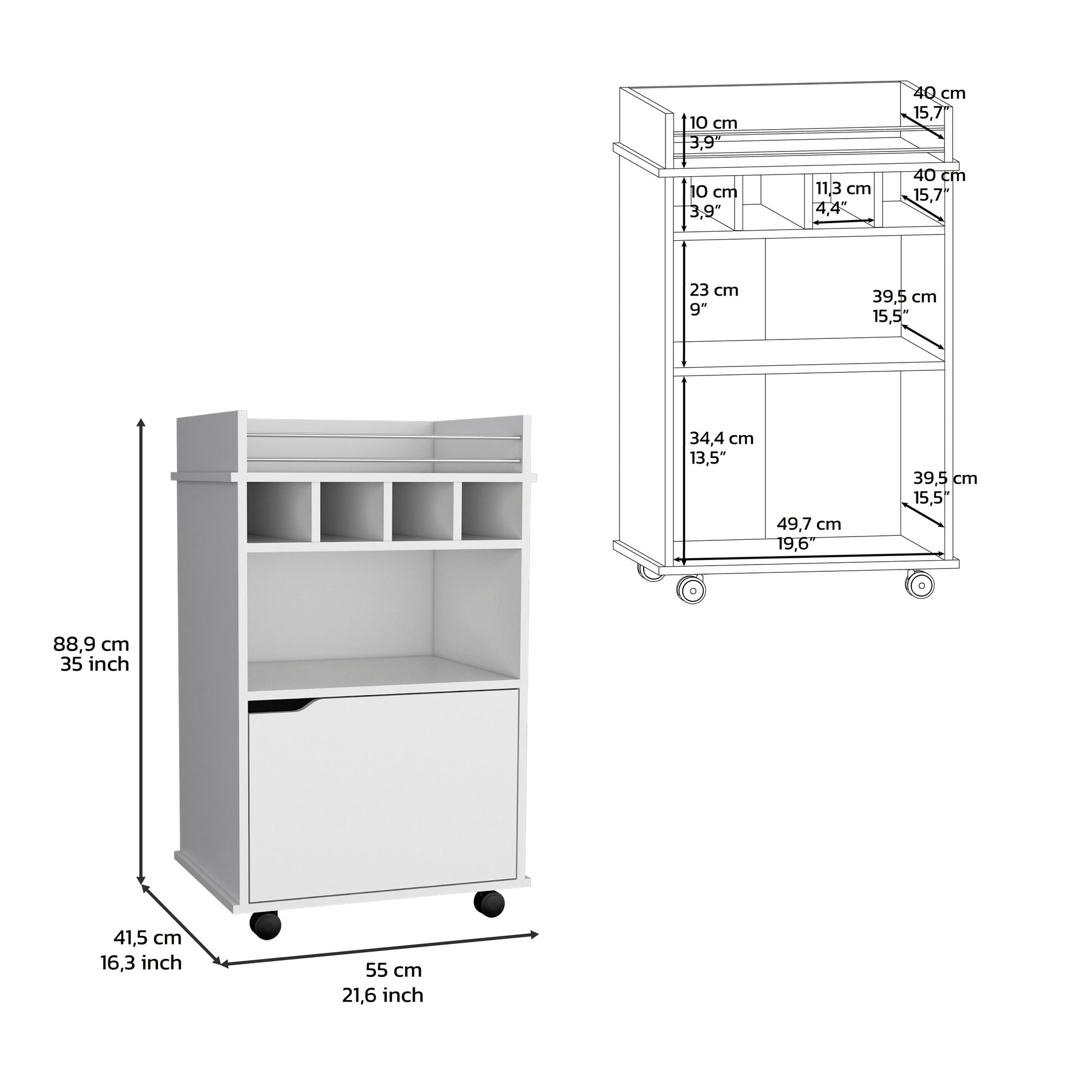 Depot E Shop Sims 35" H Bar Cart With Two Shelves Four Wine Cubbies And One Cabinet,White White Dining Room Modern Rectangular Particle Board Pine Medium 40 55In