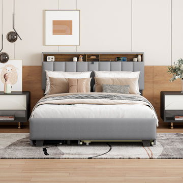 Queen Size Upholstered Platform Bed With Storage Headboard, Twin Xl Size Trundle & 2 Drawers And A Set Of Sockets & Usb Ports, Linen Fabric, Gray Gray Linen