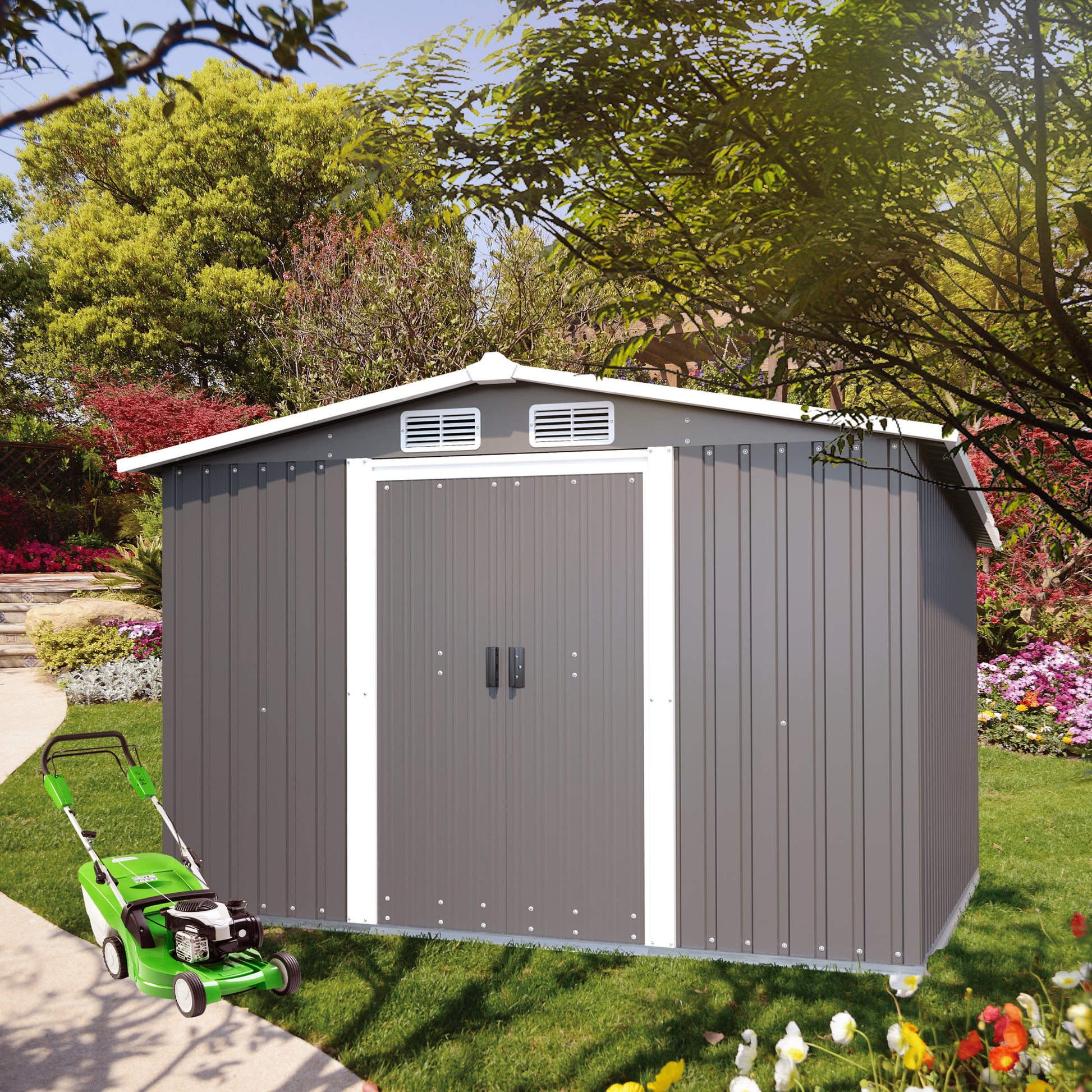 Patio, Lawn & Garden,Metal Outdoor Storage Shed 10Ft X 8Ft, Clearance With Lockable Door Metal Garden Shed Steel Anti Corrosion Storage House Waterproof Tool Shed For Backyard Patio, Lawn And Garden Grey Year Round Use Metal