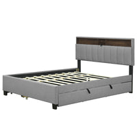 Queen Size Upholstered Platform Bed With Storage Headboard, Twin Xl Size Trundle & 2 Drawers And A Set Of Sockets & Usb Ports, Linen Fabric, Gray Gray Linen