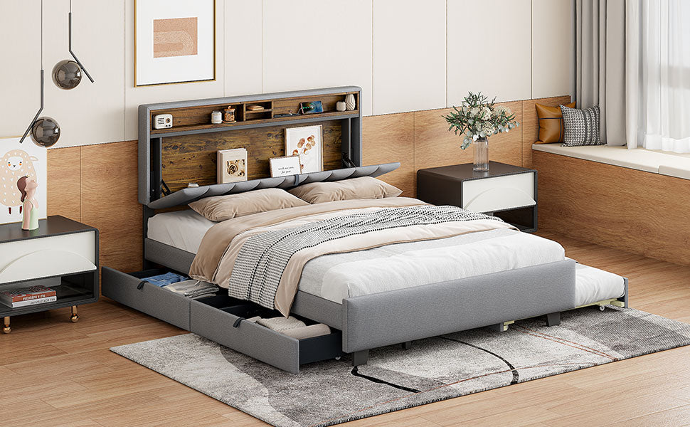 Queen Size Upholstered Platform Bed With Storage Headboard, Twin Xl Size Trundle & 2 Drawers And A Set Of Sockets & Usb Ports, Linen Fabric, Gray Gray Linen