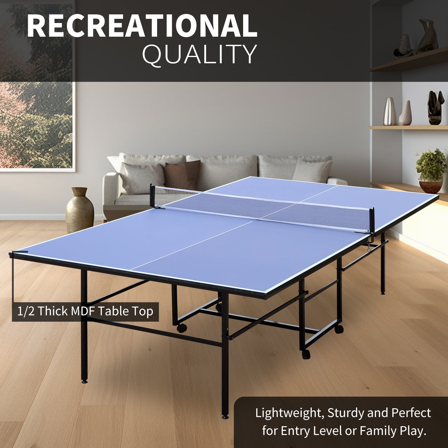 9Ft Mid Size Table Tennis Table Foldable & Portable Ping Pong Table Set For Indoor Games With Net, 2 Table Tennis Paddles And 3 Balls Blue Mdf